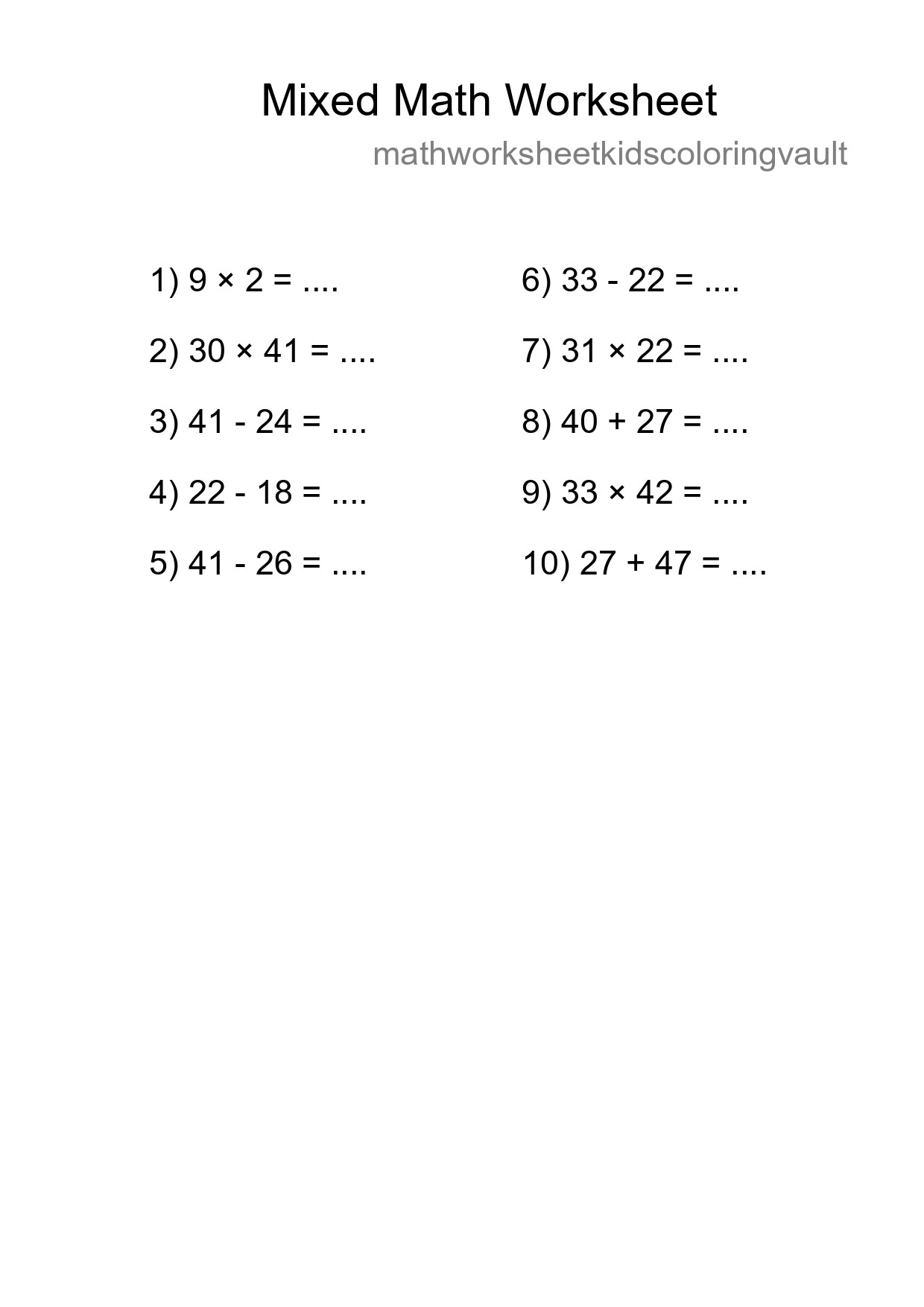 Mixed Operations Math Worksheet