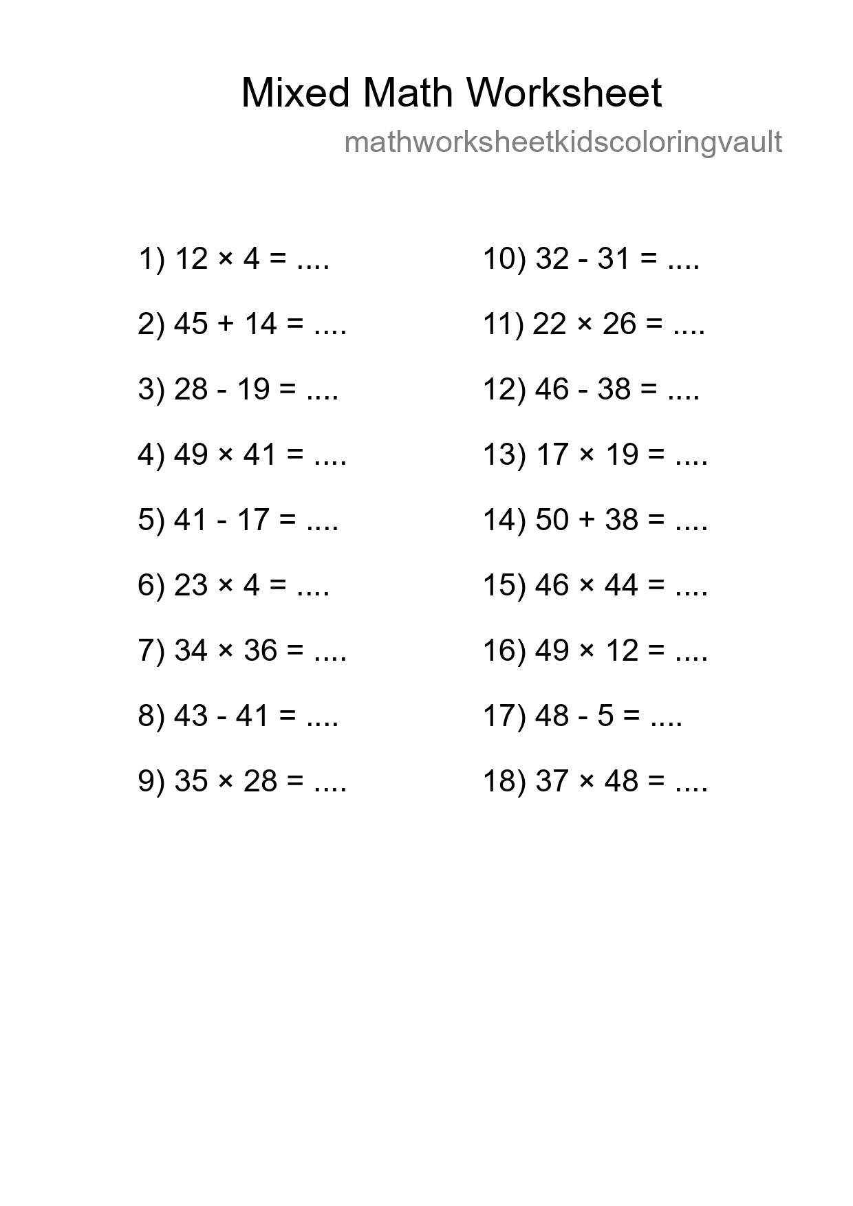 Mixed Operations Math Worksheet