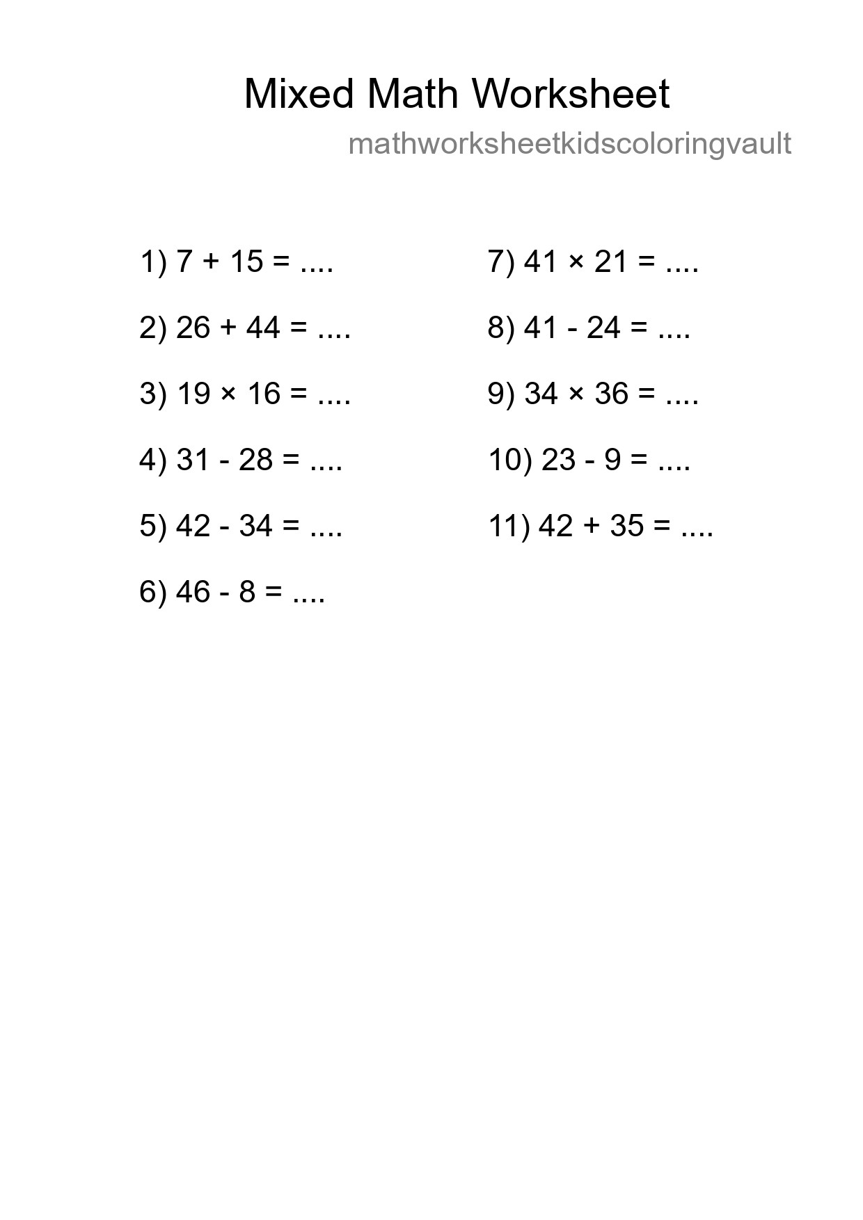 Mixed Operations Math Worksheet