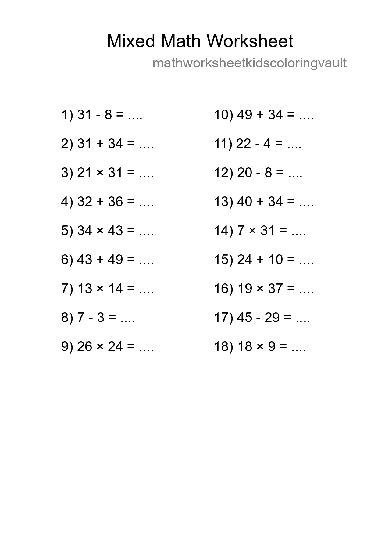 Mixed Operations Math Worksheet