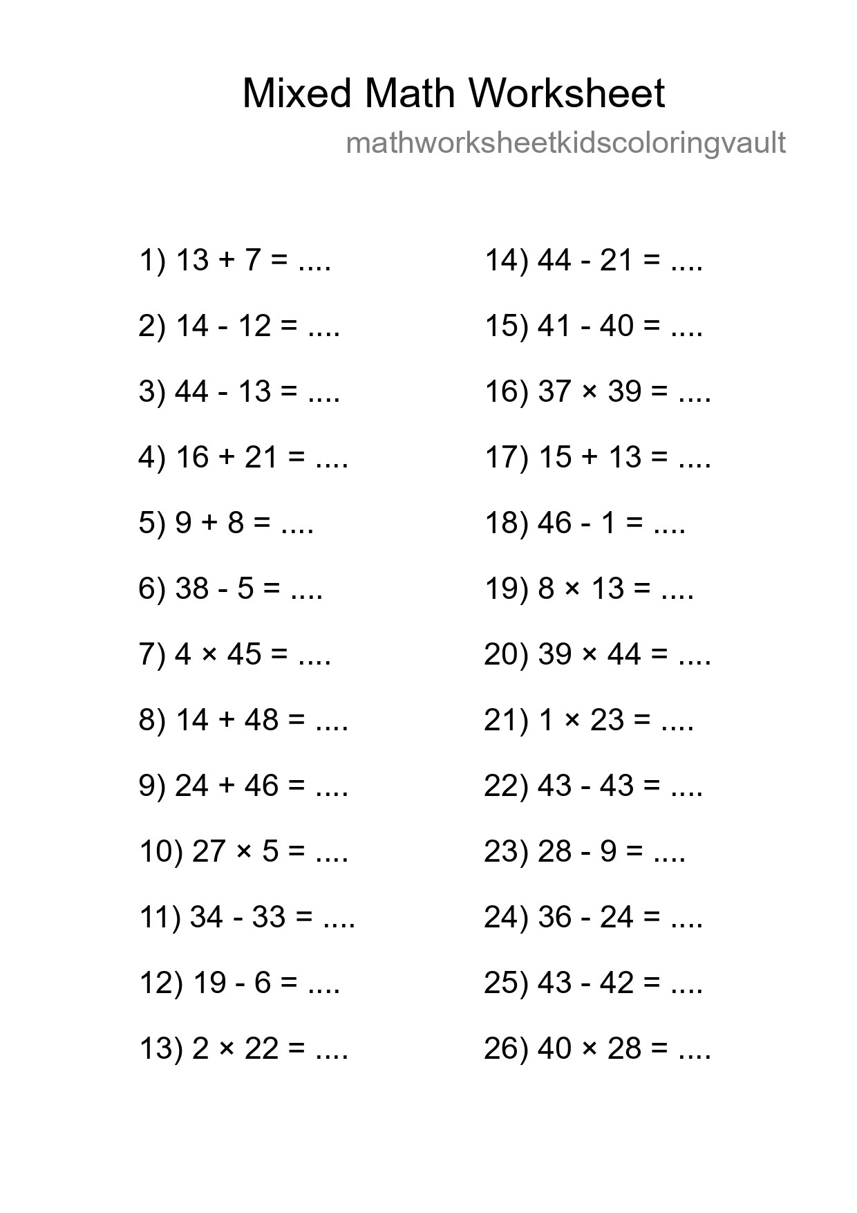 Mixed Operations Math Worksheet