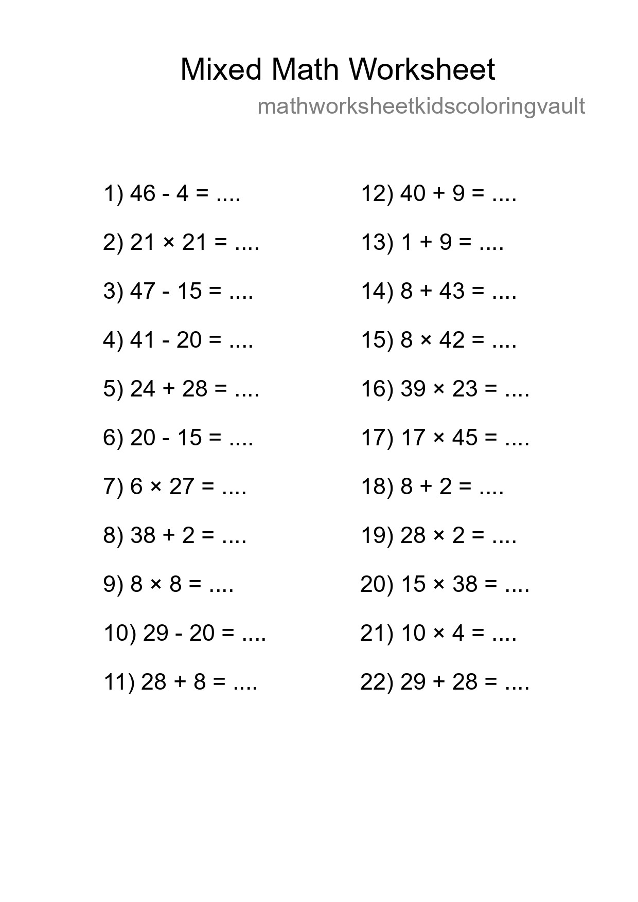 Mixed Operations Math Worksheet
