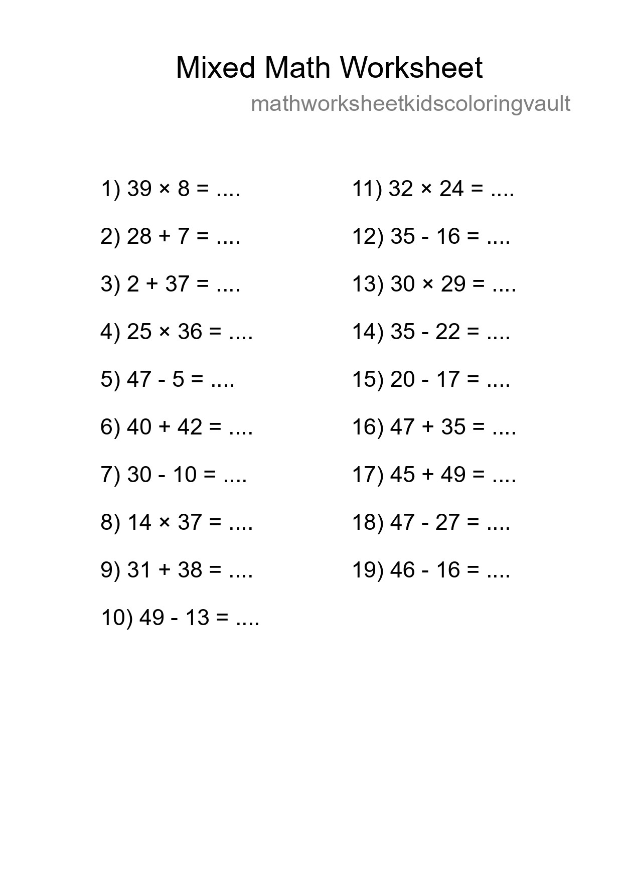 Mixed Operations Math Worksheet