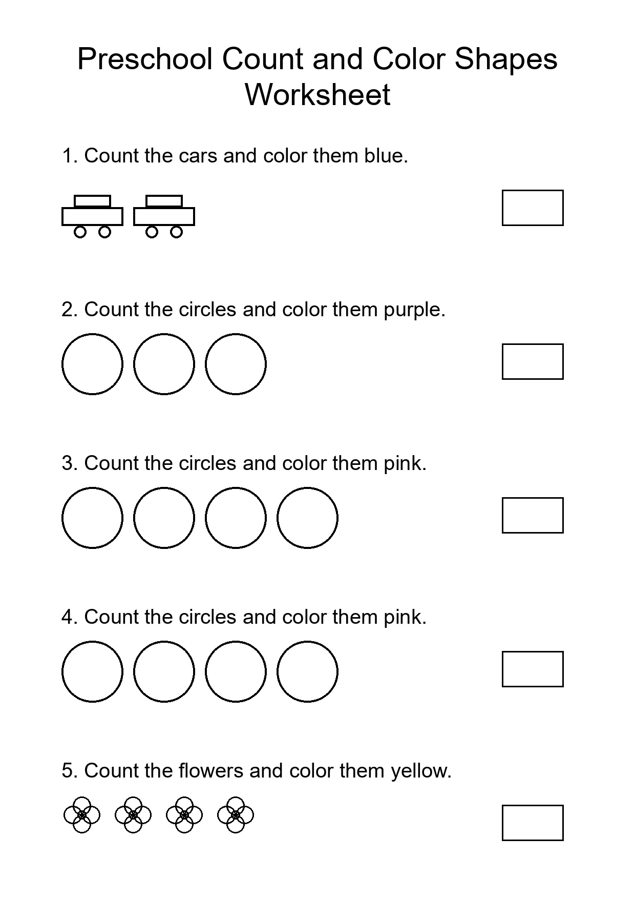 Preschool Count and Color Shapes Worksheet