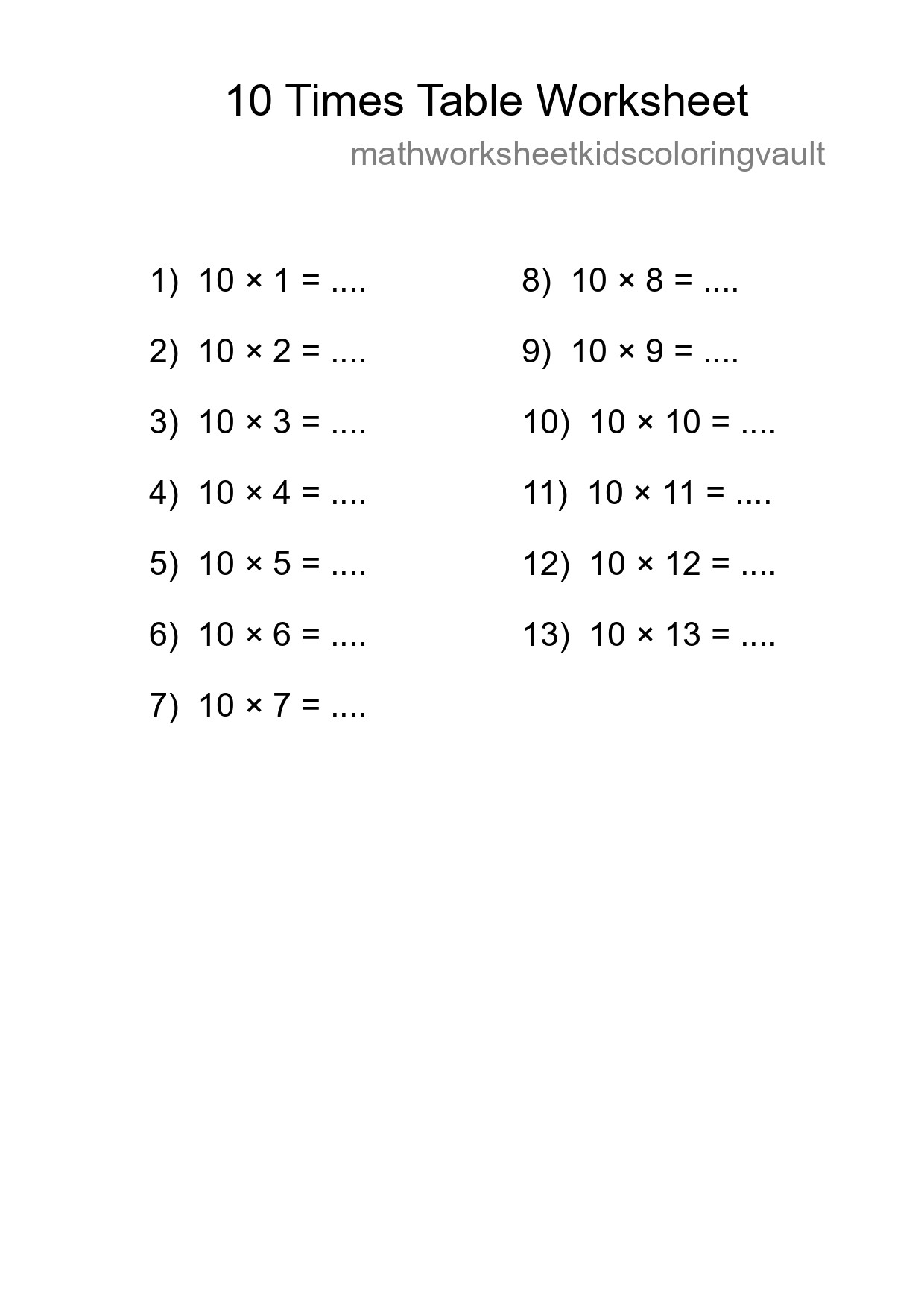 Printable 10 Times Table Worksheet For Grade 3 - Part 218