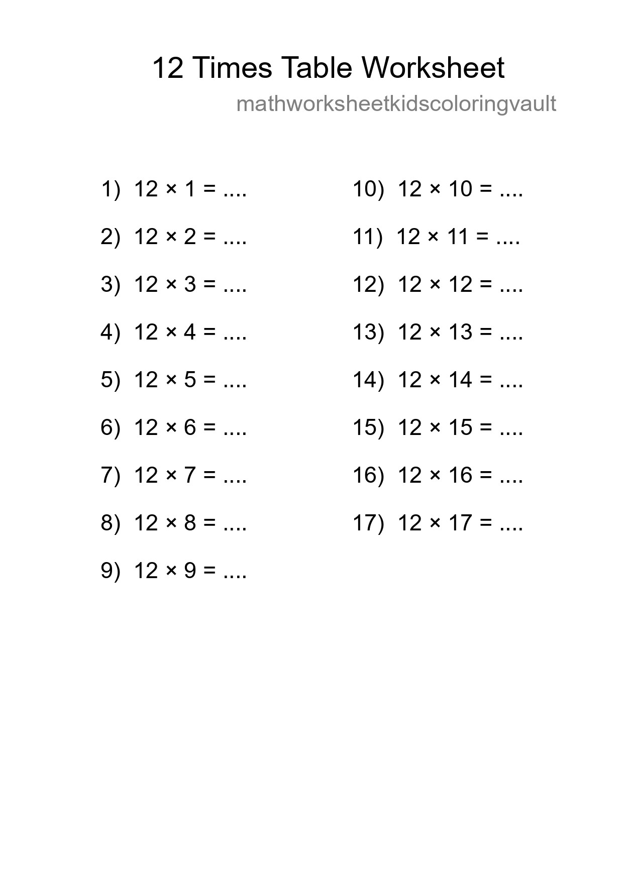 Printable 12 Times Table Worksheet For Grade 4 - Part 196