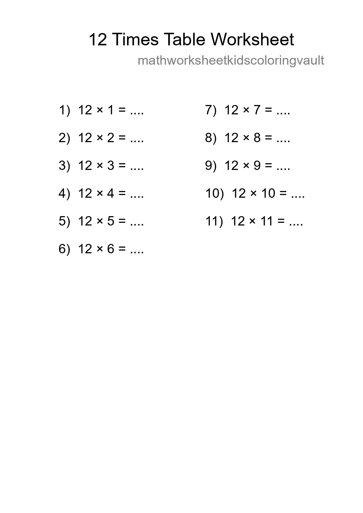 Printable 12 Times Table Worksheet For Grade 4 - Part 86