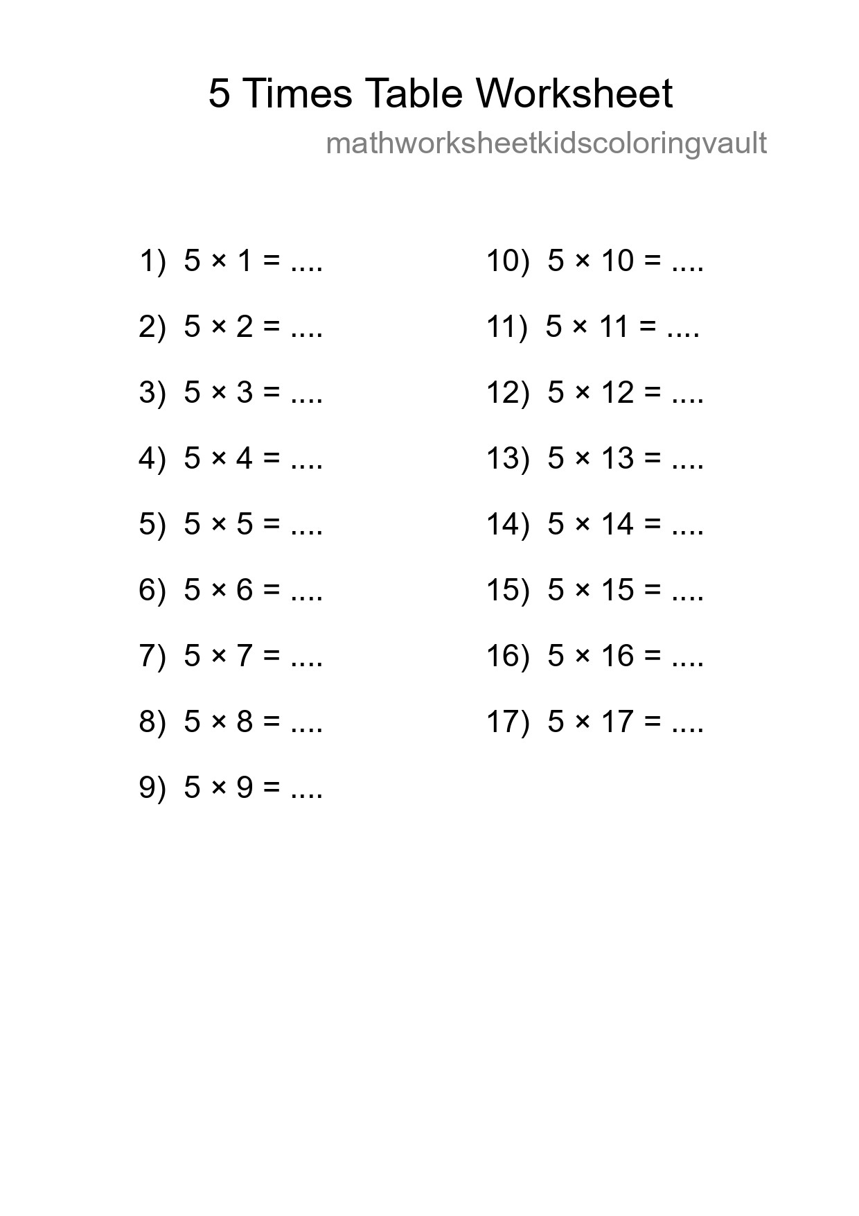 Printable 5 Times Table Worksheet For Grade 2 - Part 174