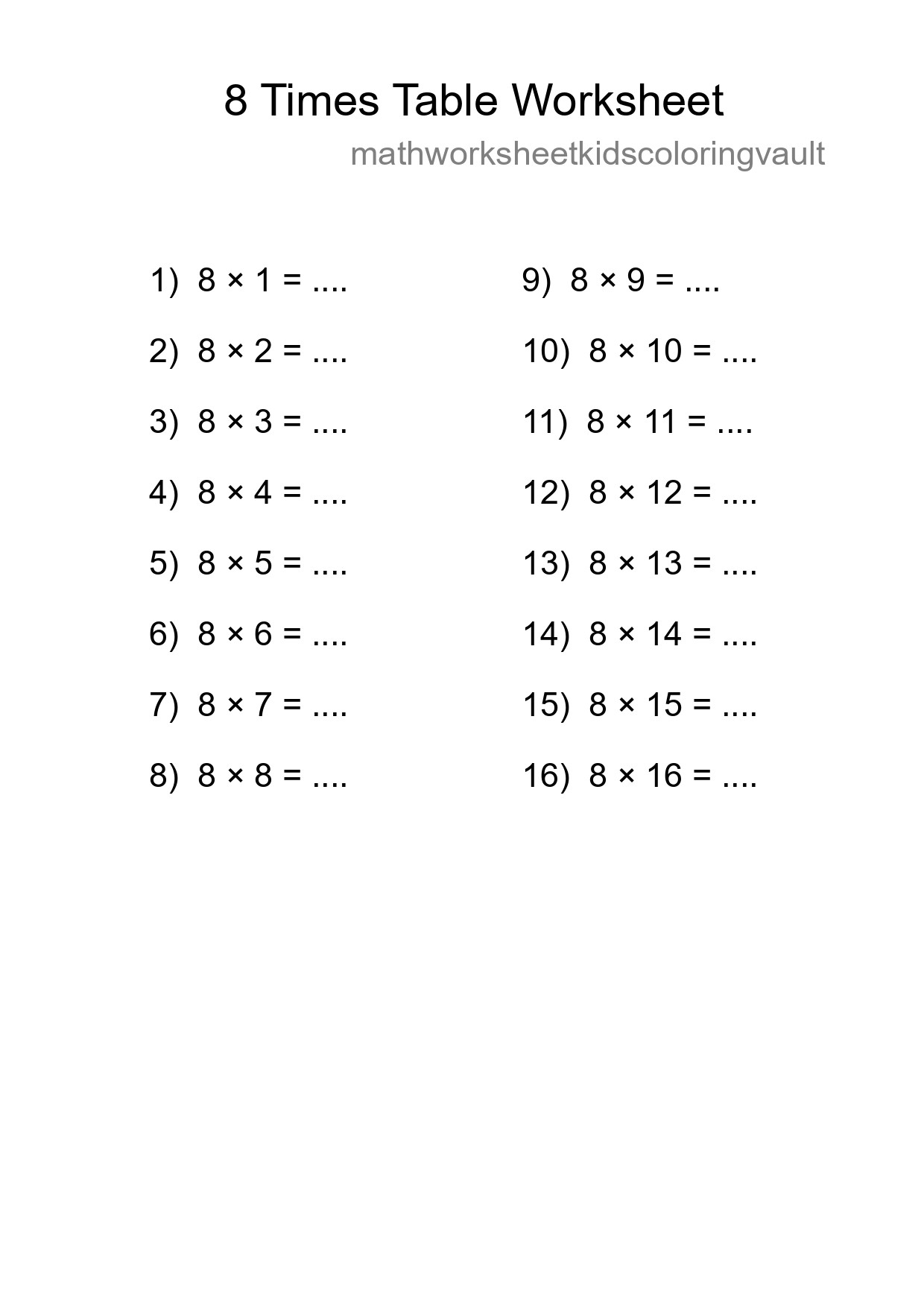 Printable 8 Times Table Worksheet For Grade 3 - Part 229