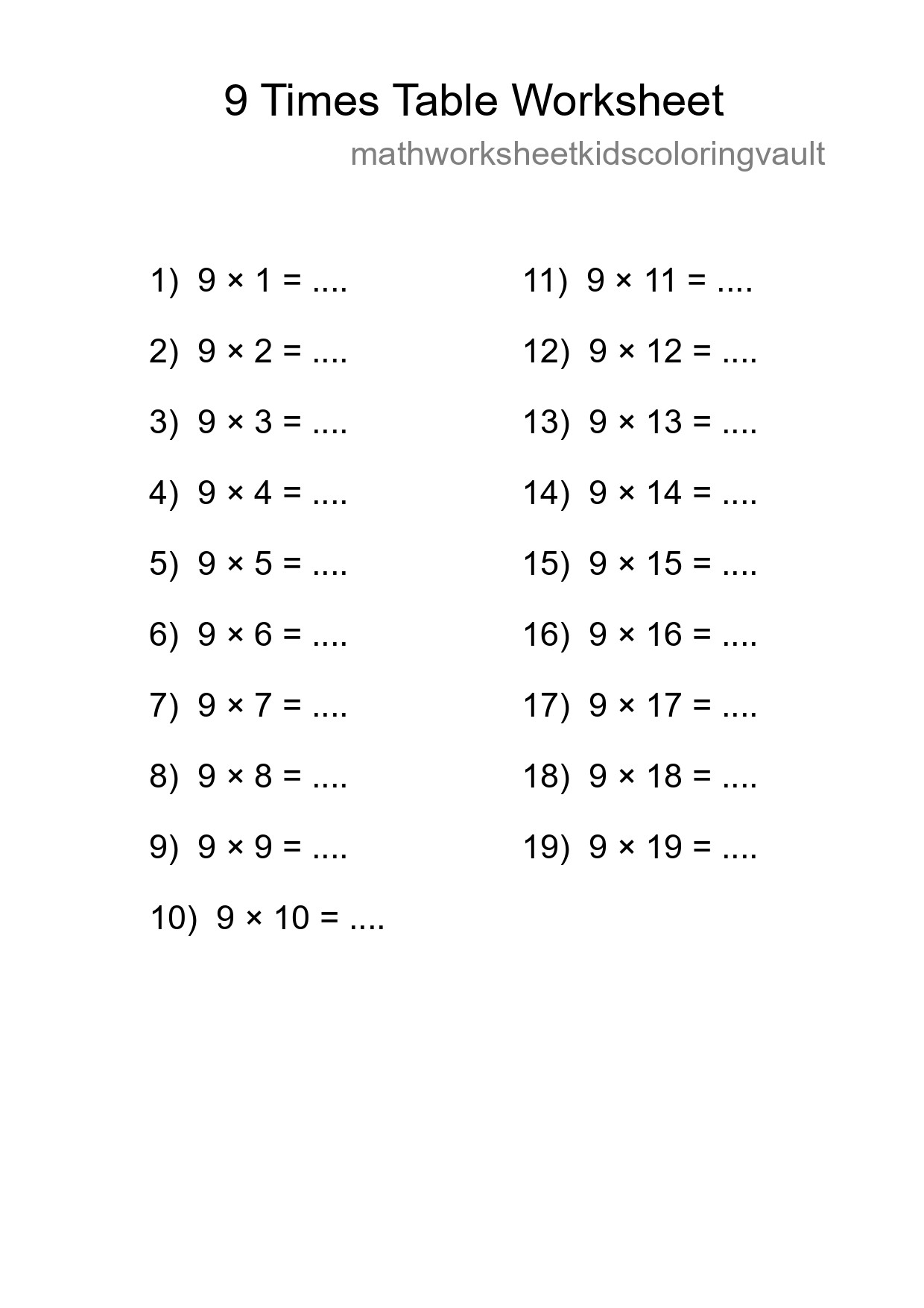 Printable 9 Times Table Worksheet For Grade 3 - Part 163