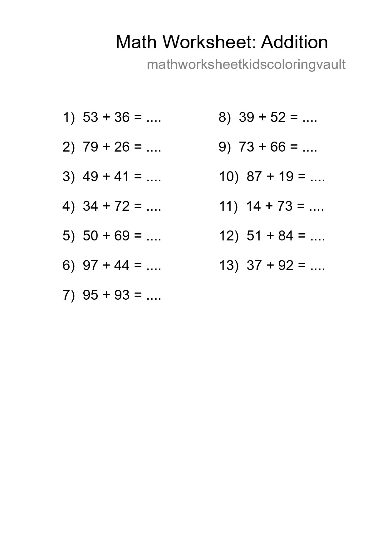 Printable Free 13 Addition Math Worksheet For Grade 3 - Part 199