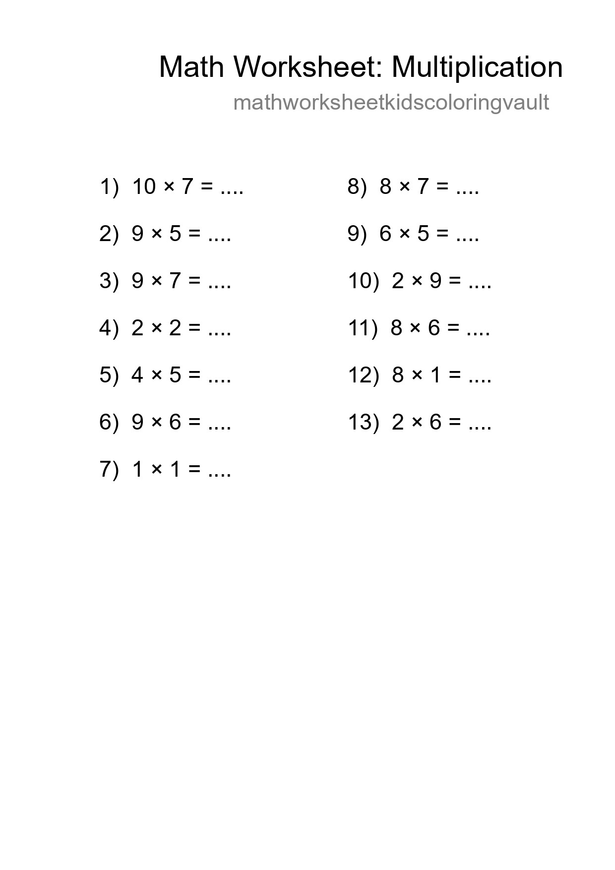 Printable Free 13 Multiplication Math Worksheet For Grade 1 - Part 84