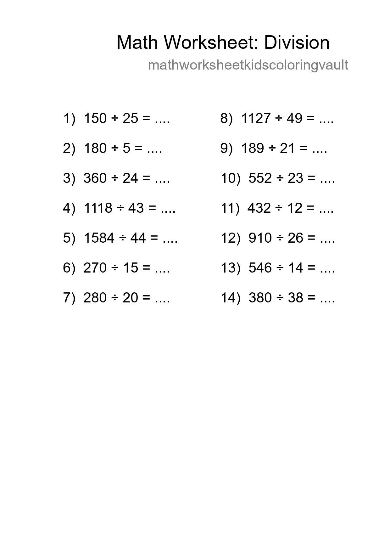 Printable Free 14 Division Math Worksheet For Grade 2 - Part 202