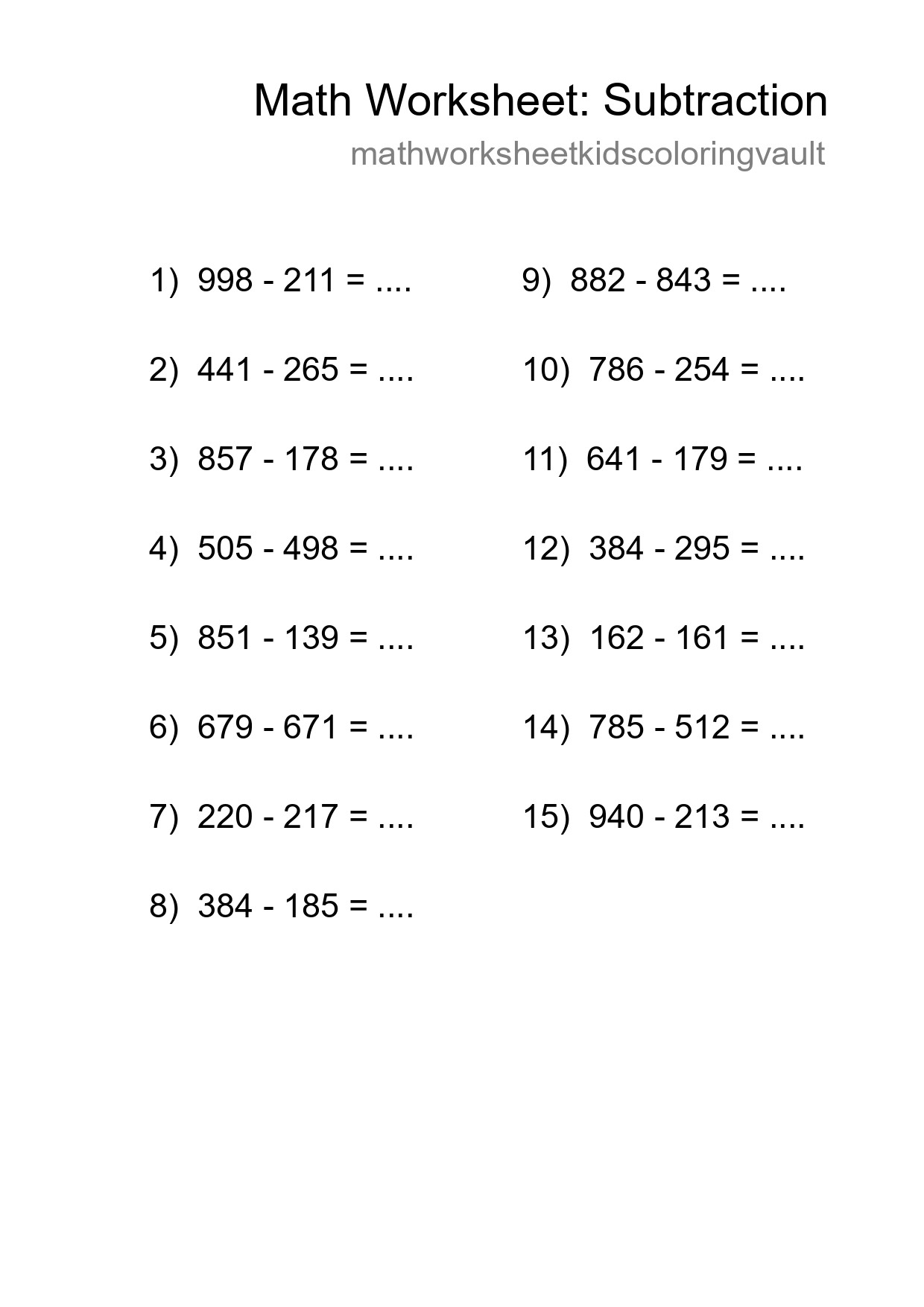 Printable Free 15 Subtraction Math Worksheet For Grade 5 - Part 173
