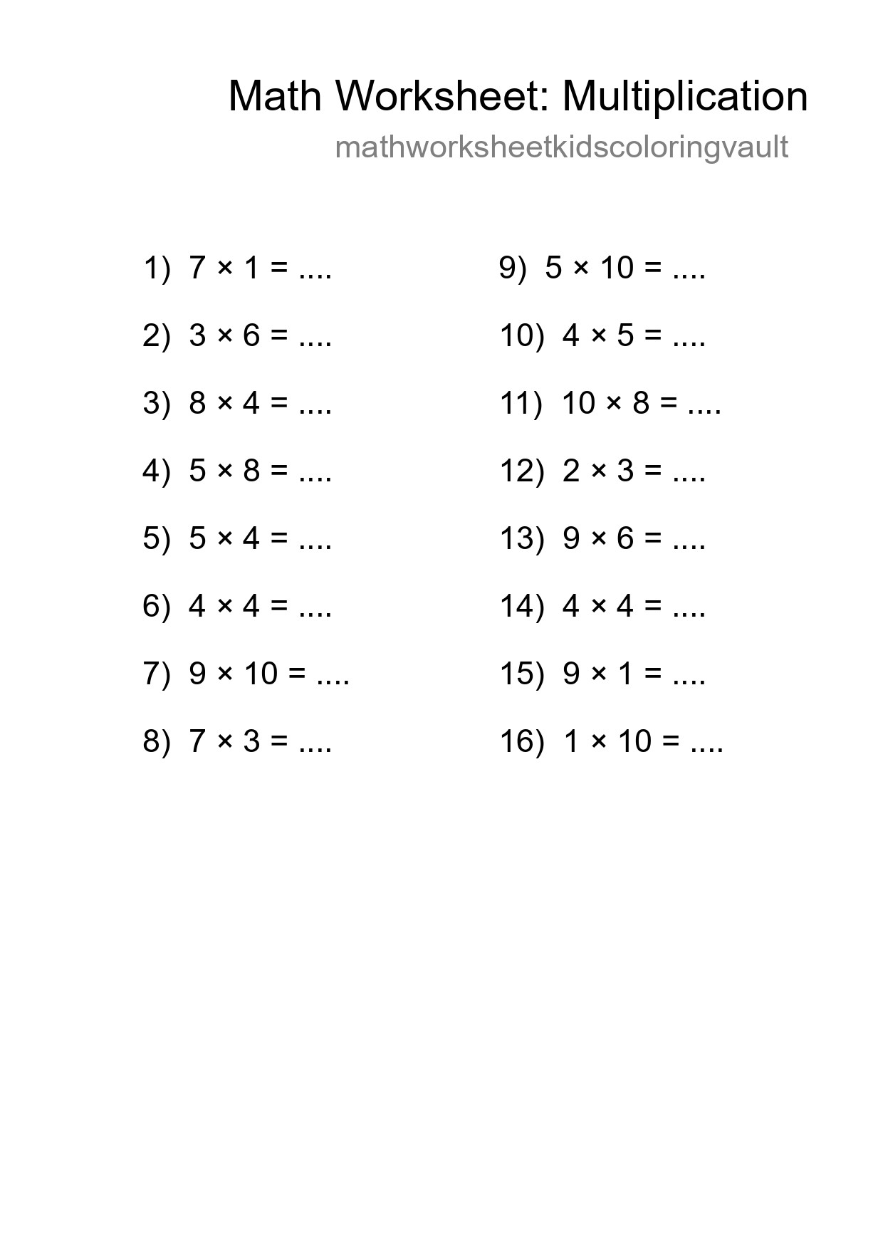 Printable Free 16 Multiplication Math Worksheet For Grade 1 - Part 18