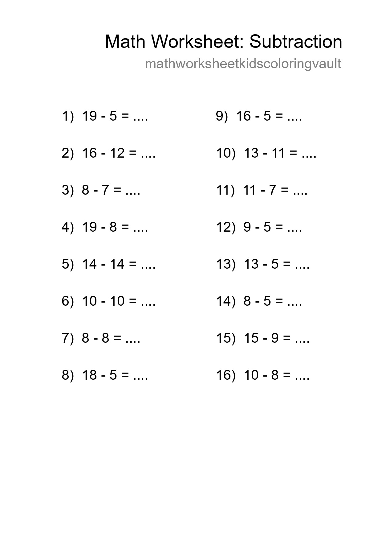 Printable Free 16 Subtraction Math Worksheet For Grade 2 - Part 107