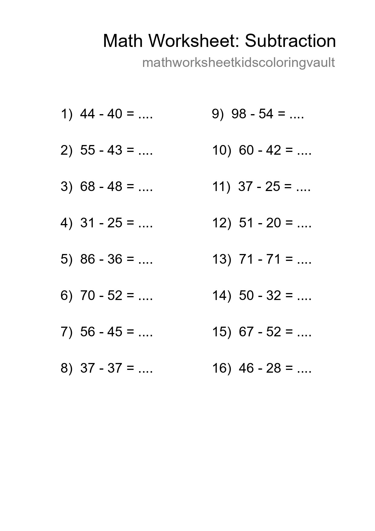 Printable Free 16 Subtraction Math Worksheet For Grade 3 - Part 184