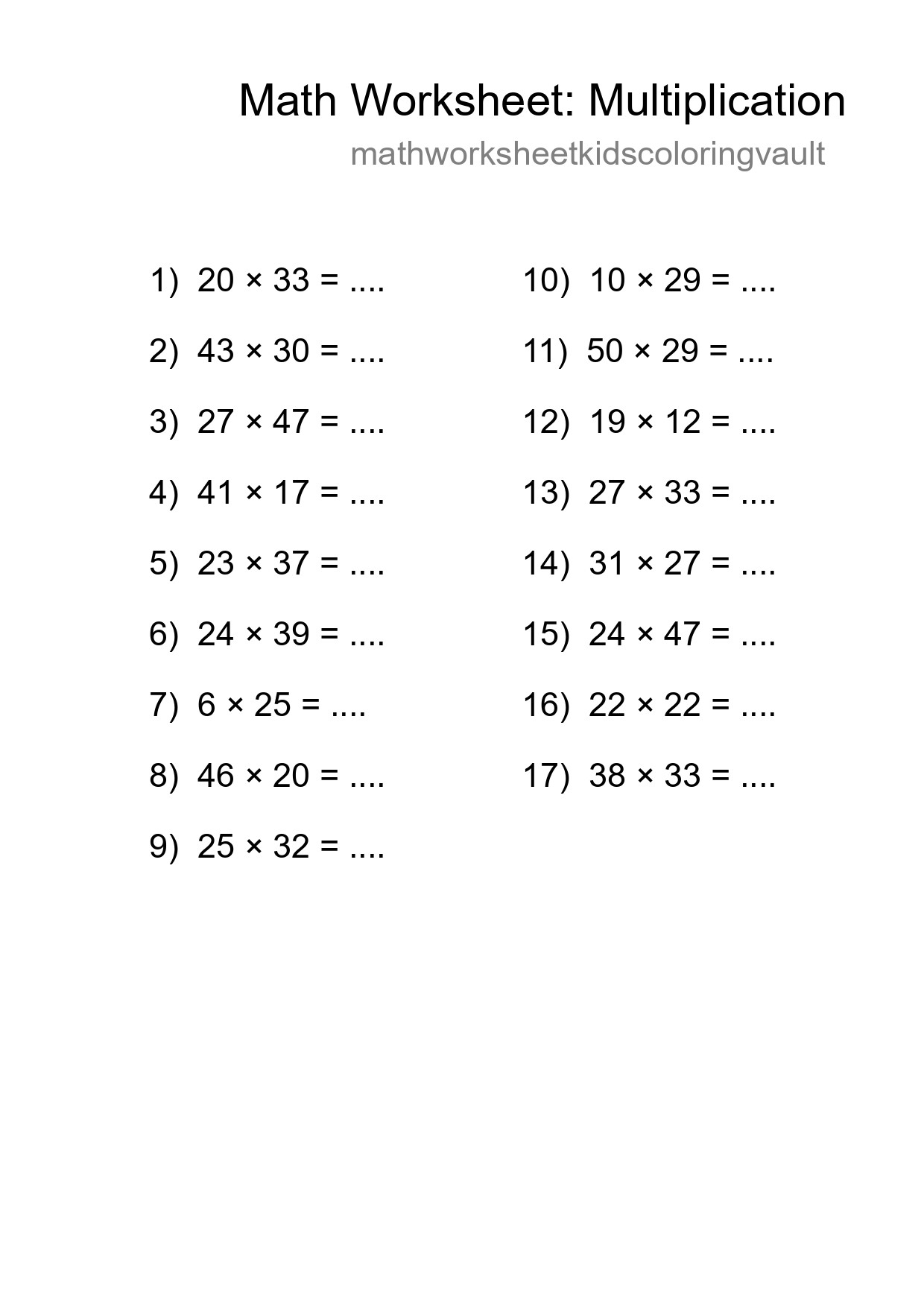 Printable Free 17 Multiplication Math Worksheet For Grade 2 - Part 216