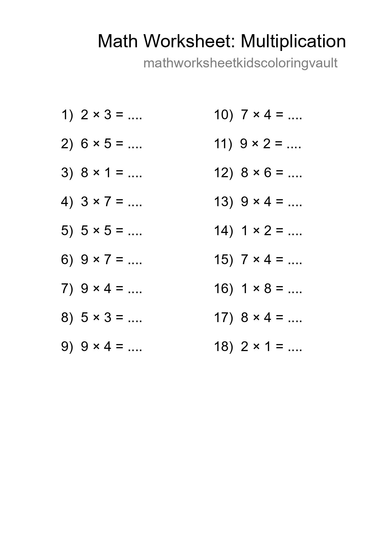 Printable Free 18 Multiplication Math Worksheet For Grade 1 - Part 150