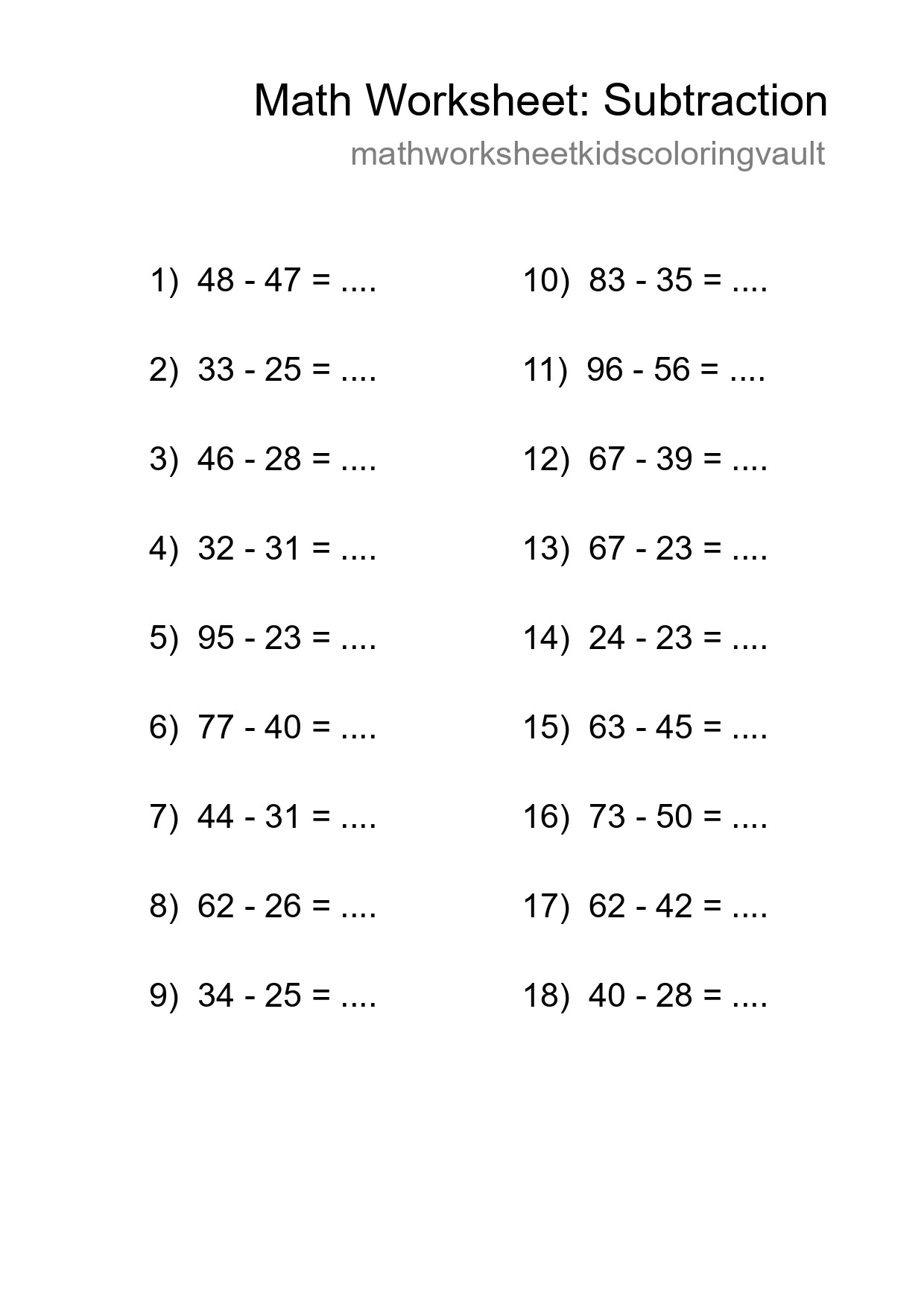 Printable Free 18 Subtraction Math Worksheet For Grade 3 - Part 195