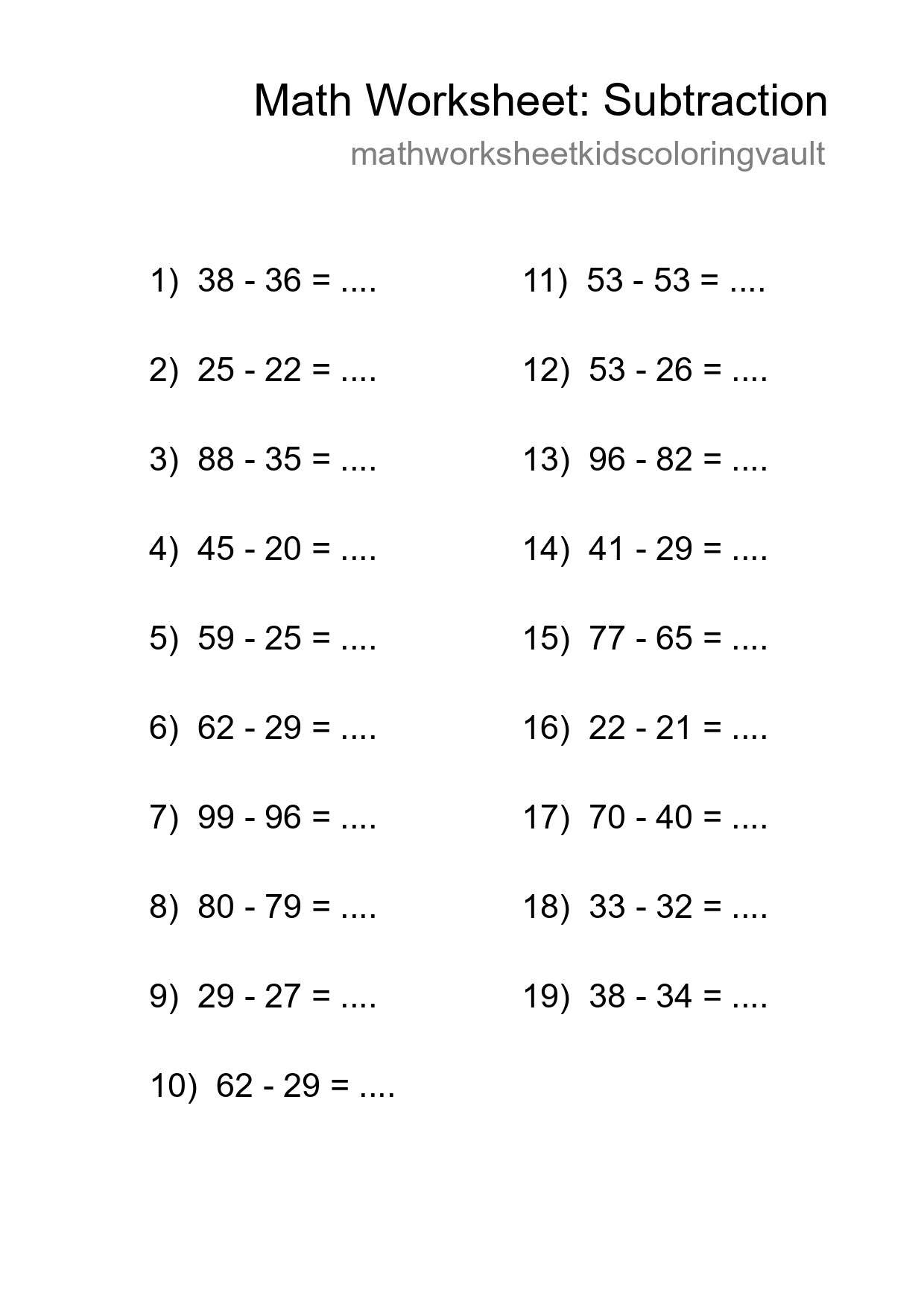 Printable Free 19 Subtraction Math Worksheet For Grade 3 - Part 96