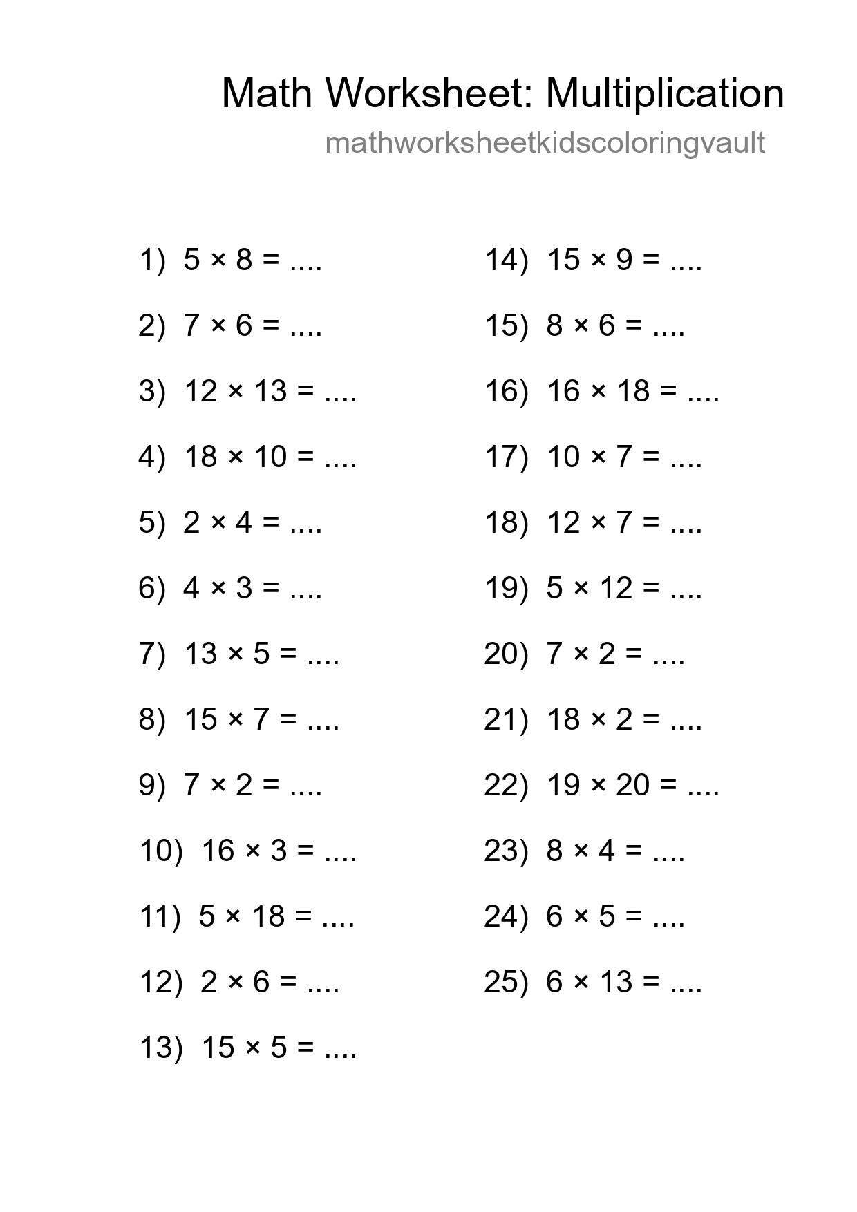 Printable Free 25 Multiplication Math Worksheet For Grade 2 - Part 51