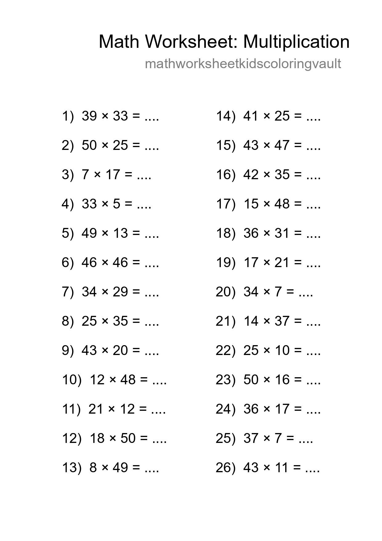 Printable Free 26 Multiplication Math Worksheet For Grade 2 - Part 139