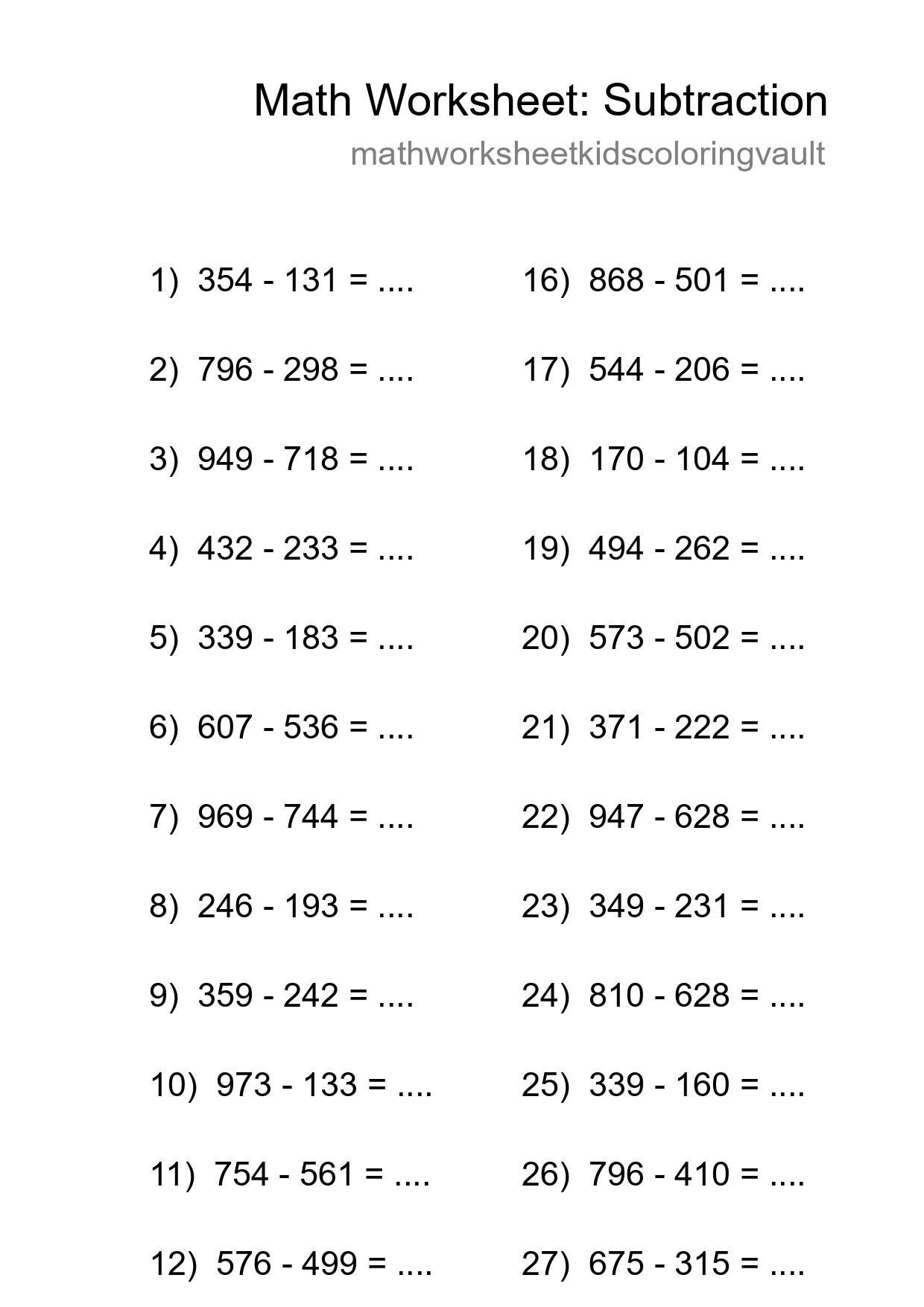 Printable Free 29 Subtraction Math Worksheet For Grade 5 - Part 162